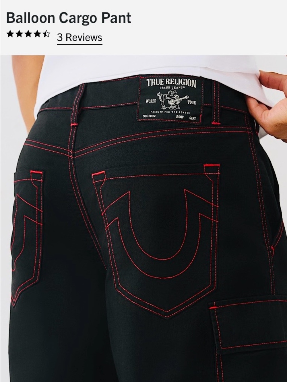 True Religion Black Cargo Pants with Red Contrast Stitching